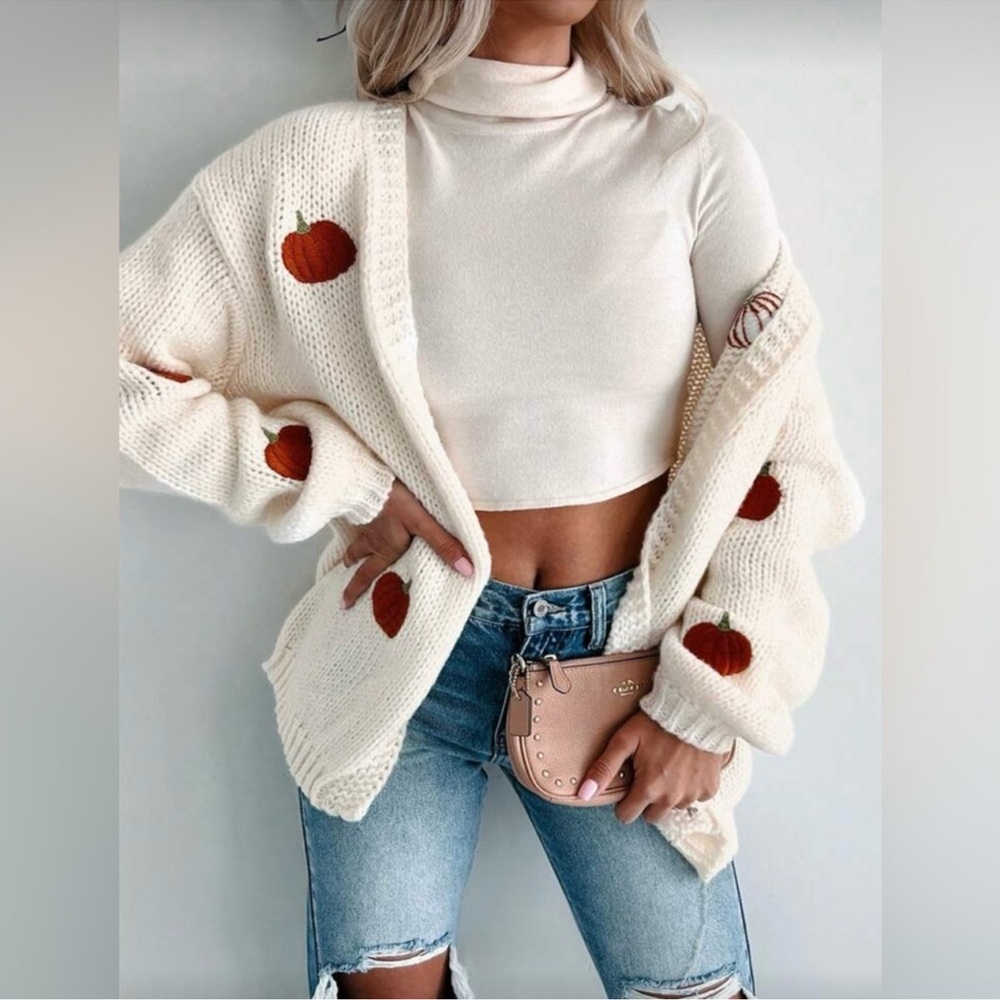 Cream Cardigan with Pumpkin Embroidery